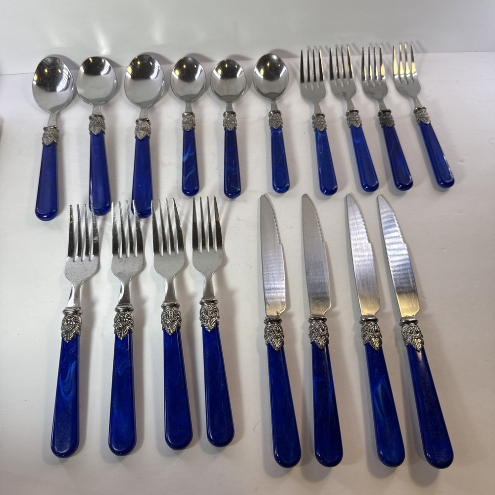 Vtg Blue Marbled Swirl Acrylic Handle Silverware Stainless Flatware Forks Spoons